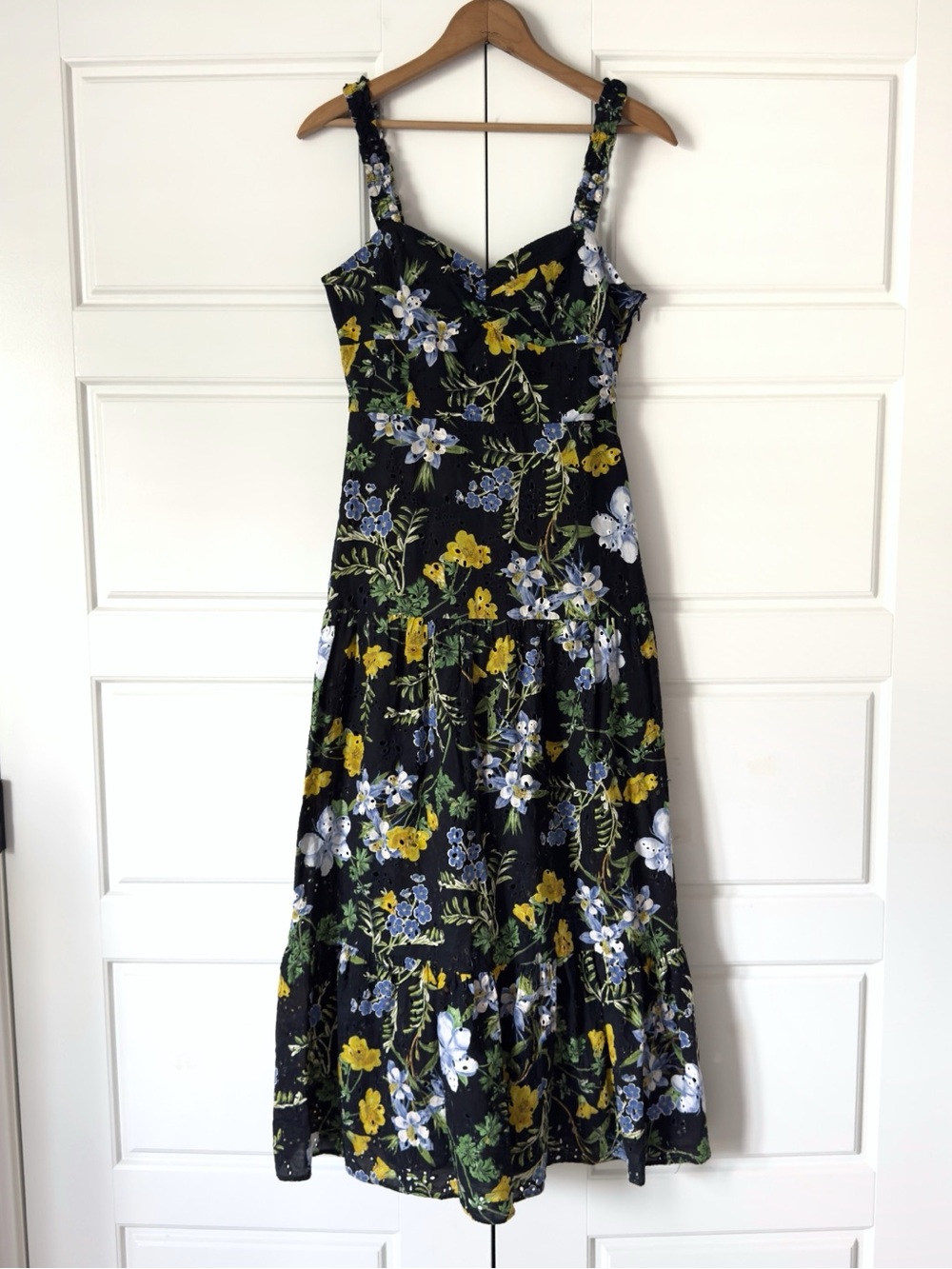 Zara Floral Eyelet Midi Dress Womens Size XS Black Tiered Cotton Lined Smocked